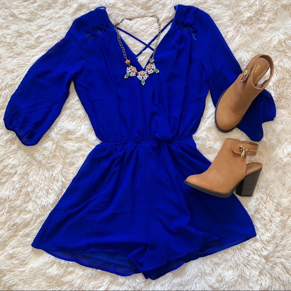 Royal blue surplice front 3/4 sleeve romper